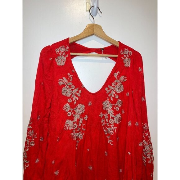 Free People Sweet Tennessee Red Embroidered Bohemian V-Neck Mini Dress Small - Picture 3 of 9